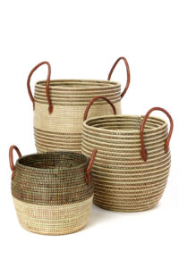 3-Piece Mixed Pattern Woven Baskets with Leather Handles