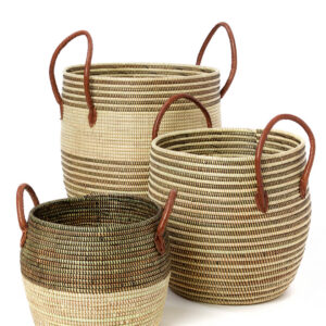 3-Piece Mixed Pattern Woven Baskets with Leather Handles